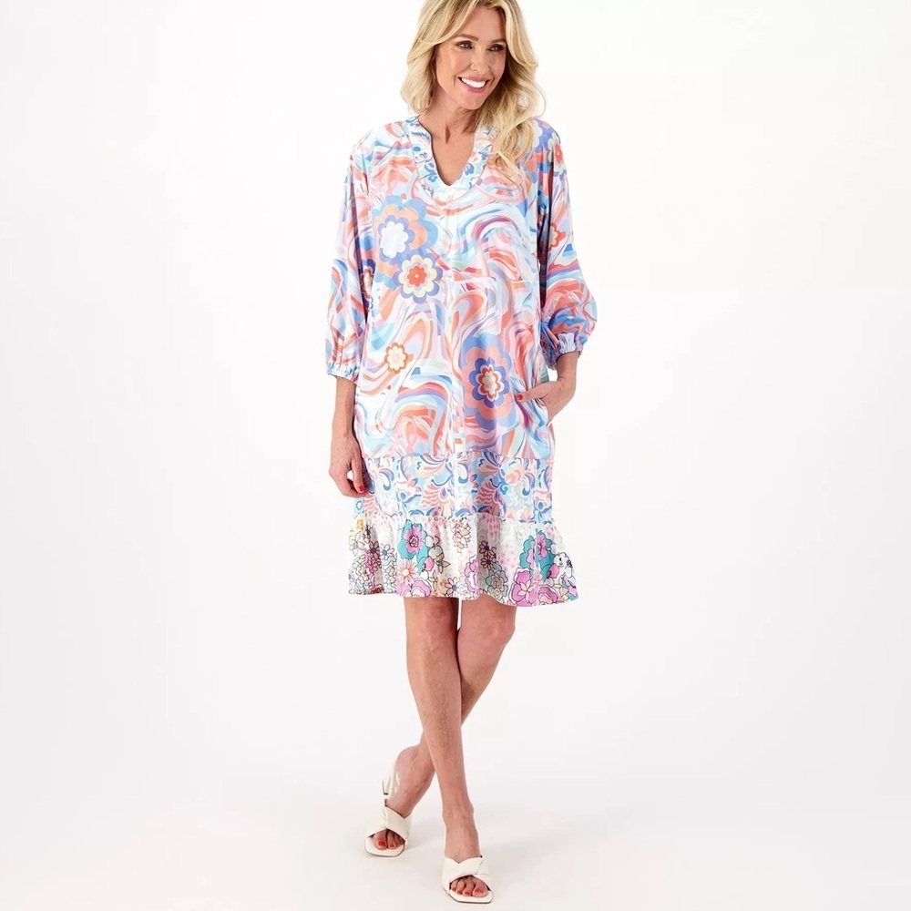 Tolani Collection Ginger Swirl Dress Size Large V-Neck and Ruffle Hem NWT